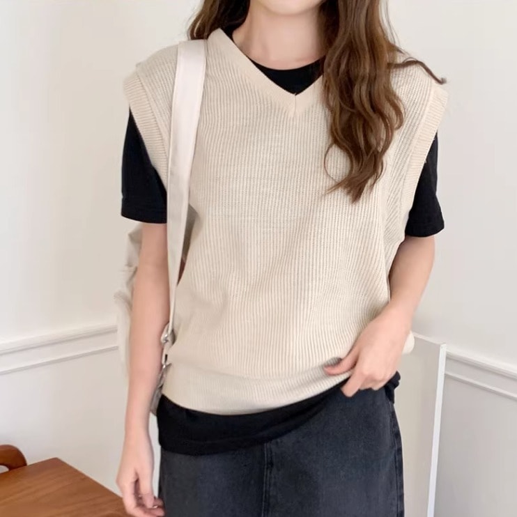 ニットベスト レギュラー丈 袖なし ノースリーブ Vネック 襟なし ノーカラー ワイド オーバーサイズ 伸縮性 ニット リブニット シンプル カジュアル おしゃれ レトロ こなれ感 ラフ メンズライク