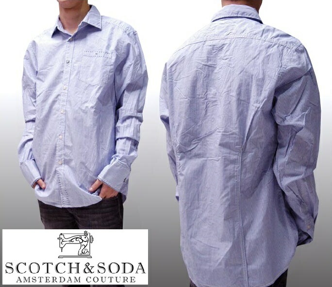 スコッチ&ソーダ スコッチアンドソーダ scotch&soda メンズ 長袖 シャツ ストライプ ブルー ホワイト テニスカフス トップス カジュアル サーフ セレブ ストリート ヨーロピアン ヴィン