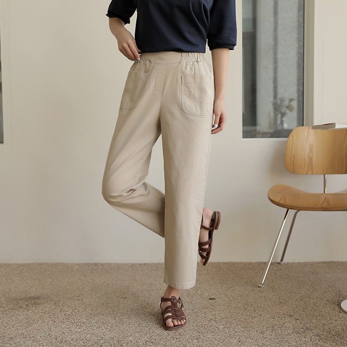 [韓国ファッション] バンディング ポケット バギー クロップ スパン 綿パンツ