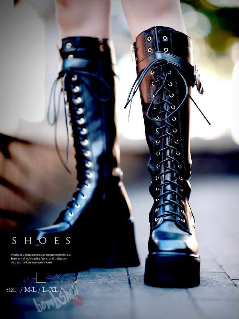 ブーツ ダンスシューズ レースアップ 厚底 ロングブーツ ベルト付 ダンスシューズ ダンス衣装 編み上げ インポート ベルト付 ゴツめ bombshell