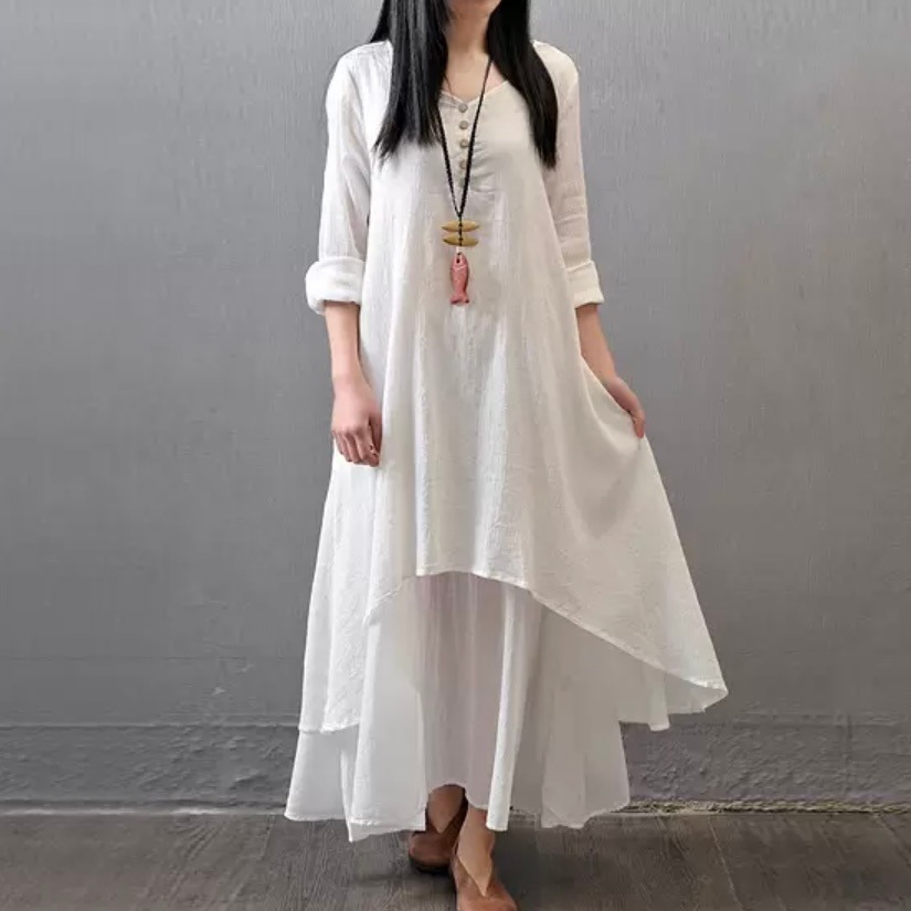 ワンピース ロング フレアスカート ふわふわ フレア ワンピドレス ロング丈 マキシ 9分丈 アンクル丈 長袖 Vネック ラウンドネック ボリューム Aライン チュール ウエストマーク ふわふわ