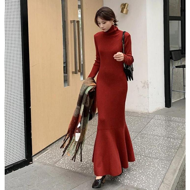 ニットワンピース ニット ワンピース マーメイド裾 レディース ロングワンピース きれいめ マキシワンピース 大きいサイズ ハイネック タイト 長袖 秋 冬