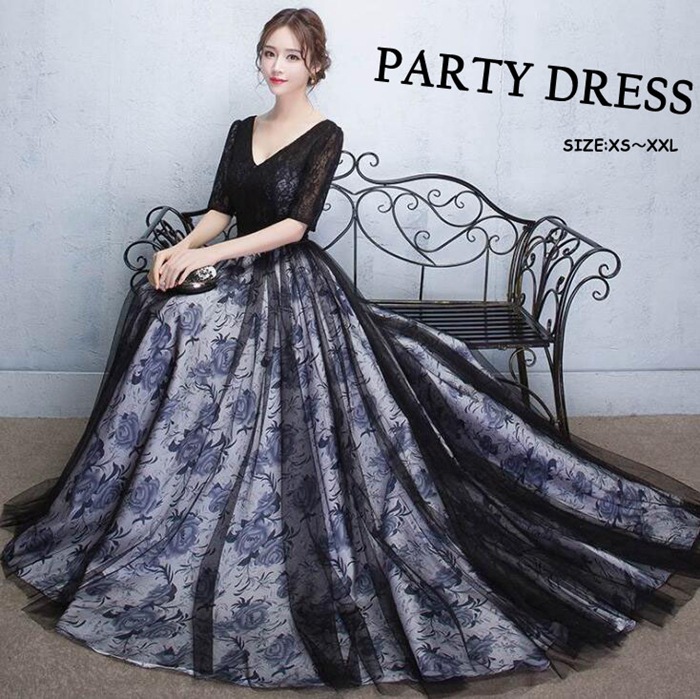 送料無料 パーティードレス longdress ロングドレス 花柄 プリント ワンピース パーティドレス 袖あり　ウェディングドレス ウエディング ドレス 二次会 花嫁 ブライズメイド お呼ばれ ワン