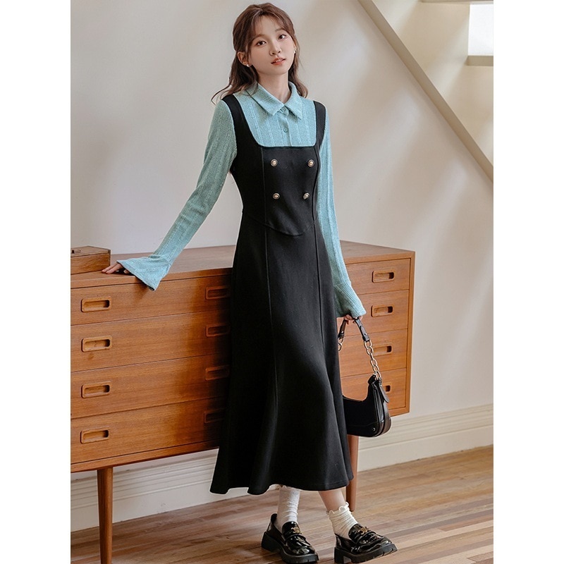 【急速出荷】送.料.無.料.フレアスリーブ 長袖 キルティングニットテールミディアム丈 ワンピース