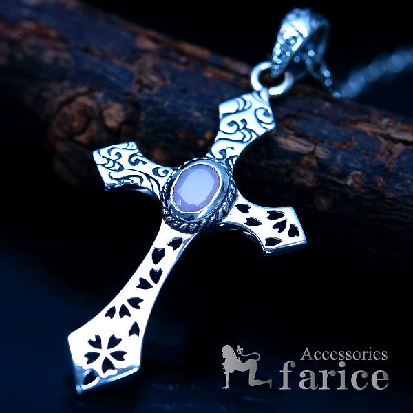 シルバーアクセサリー 天然石 ローズクォーツ クロス 十字架 桜 花 チェリー ツタ メンズ ペンダント ネックレス