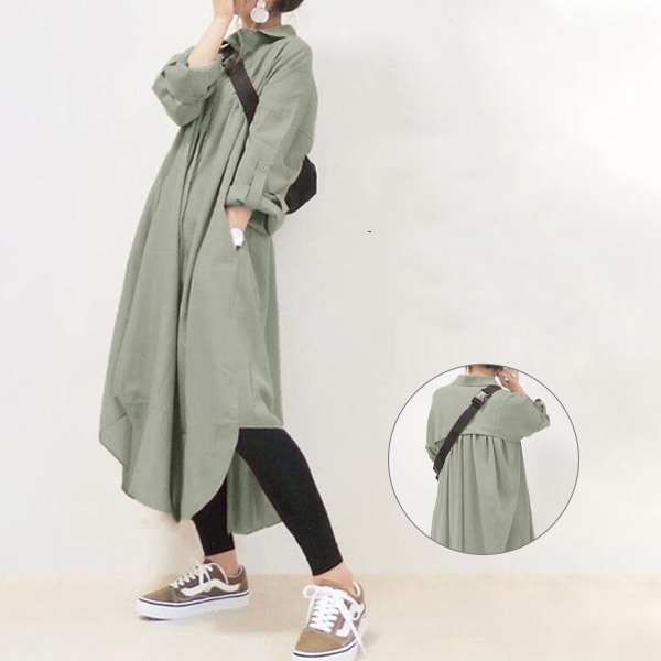 【ins超人気】 絶しい様々な体型に対応ランダムティアード長袖折襟膝下丈シャツワンピース