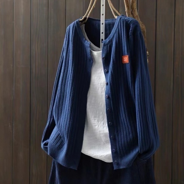 【人気高い】 多色展開リブルーズ無地ニットカーディガン