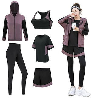 大人気！ ヨガウェア スポーツウェア 5点セット レディース 伸縮性 吸汗速乾 ジムスーツ トレーニング ラン フィットネス ヨガトップス
