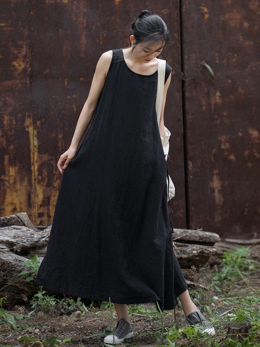 韓国 ワンピース 夏 2025春夏綿麻ノースリーブベルトワンピース旅行ロングスカート文芸スカートレディース パーティードレス シャツワンピース
