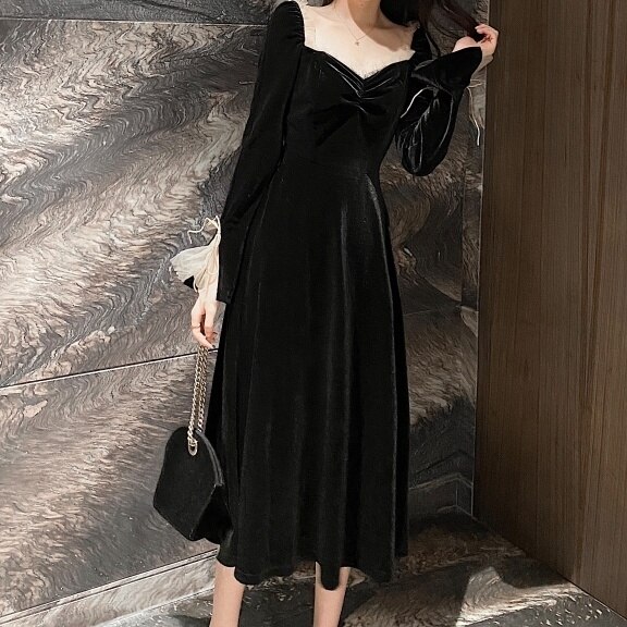 レディース ワンピース 膝下 ミモレ ミモレ丈 ベロア 袖あり ブラックドレス 長袖 デコルテ フレ