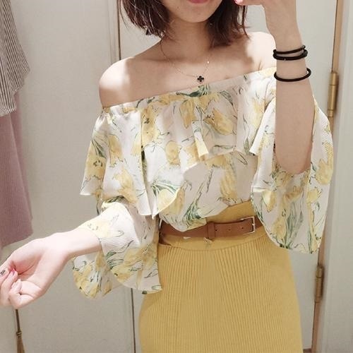 2154.花柄シフォン オフショルダー トップス(イエロー)