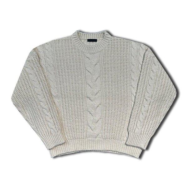 メンズワッフルケーブルラウンド長袖ニットTシャツ OF-KN-Q014-クリーム