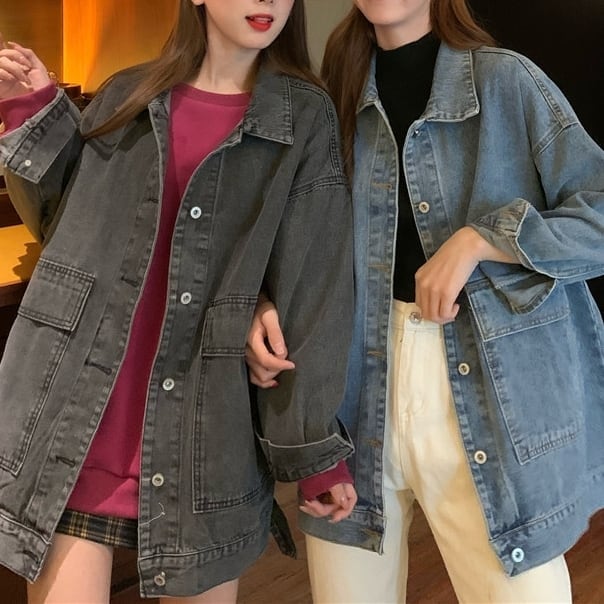 シャツ トップス ショートジャケット ドロップショルダー デニム Gジャン ヴィンテージ風 オーバーサイズ 切り替え 袖あり 長袖 ポケット付き アウター 羽織り 大人可愛い きれいめ lout011
