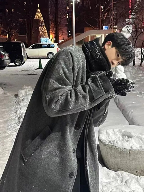 男装ウールコート男2024冬ミディアム丈膝丈厚手のラシャコート青年カジュアルパーカー