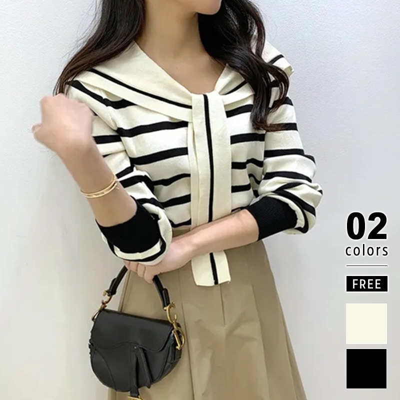 [迅速な配達][限時割!引!]セーラーカラー ボーダー 長袖 トップス マリン 大人 ニット レディース クロップド Vネック ビッグカラー リブ ボーダーニット 配色 ボウタイ 大人可愛い クロップ