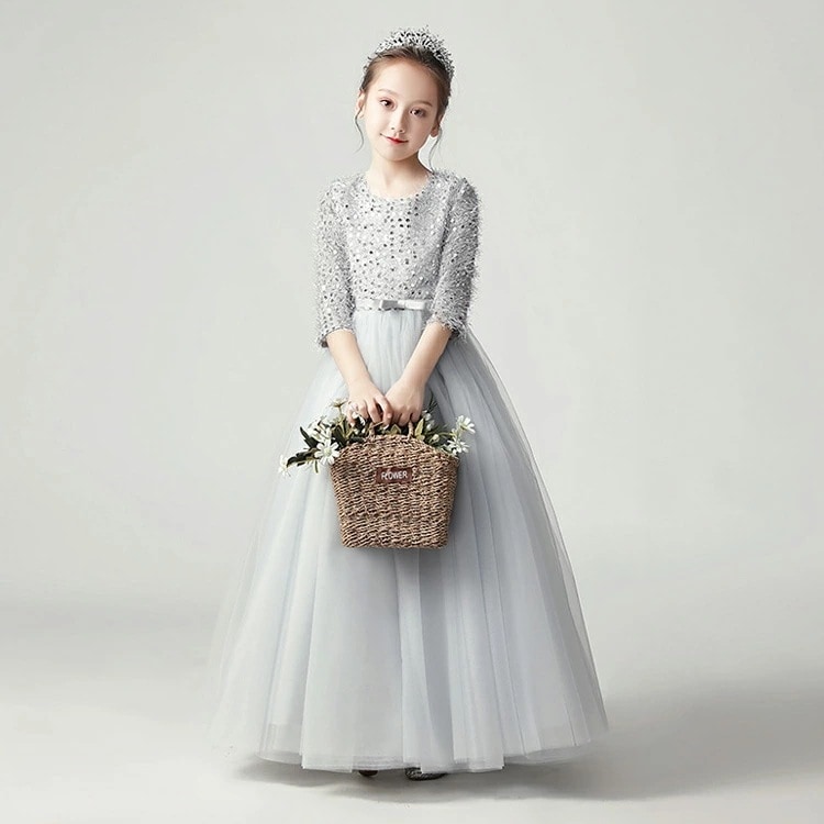 全4色 子供ドレス 発表会ドレス ロングドレス グレー ワイン赤 シャンパン色 ピンク 女児ドレス 演奏会ドレス フォーマル 七五三ドレス 結婚式 キッズドレス スパンコール チュール 女の子ドレス