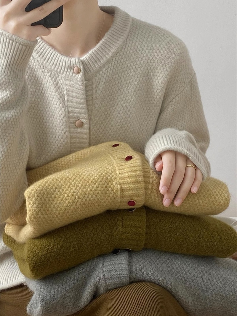 韓国ファッションニットカーディガン丸ネックベーシックニットゆったりスウェットトップス長袖ニットトップスセーター着痩せシンプルクラシック秋アウタージャケット