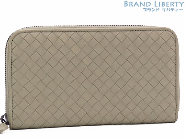 美品ボッテガヴェネタイントレチャートジップアラウンドウォレットラウンドファスナー長財布ライトグレーラムレザー114076