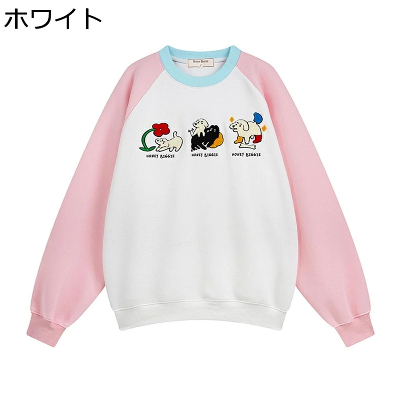 トレーナー メンズ パッチワーク 犬柄 レディース ペアルック クルーネック 長袖 パーカー Tシャツ 丸首 フルオーバー 秋服 冬服 ラグランスリーブ い 可愛い 日系 若者 カップル