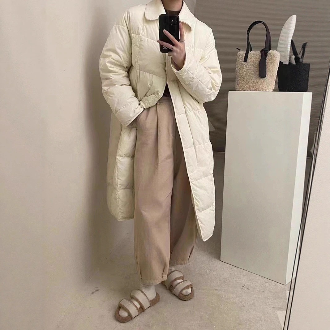 韓国風 かわいい コール天 折襟 ダウンジャケット レディース 冬 膝丈 防寒