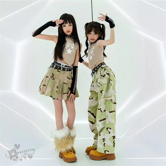 キッズ女の子 ダンス衣装 k-pop衣装 ヒップホップ チアガールズ ダンス トップス 迷彩柄 スカート カーゴパンツ へそ出し ジャズダンス ステージ衣装 練習着 体操服 120-170cm
