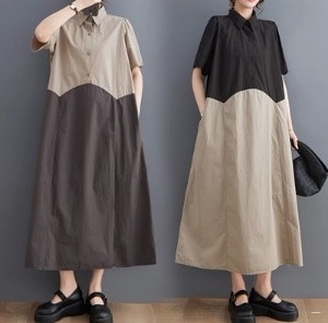 レディース ワンピース セットアップ ドレス つなぎ シャツワンピ 膝下 7分丈 8分丈 半袖 ラウンドネック 襟付き 前開き 切り替えデザイン バイカラー 配色 かわいい シンプル カジュアル おし