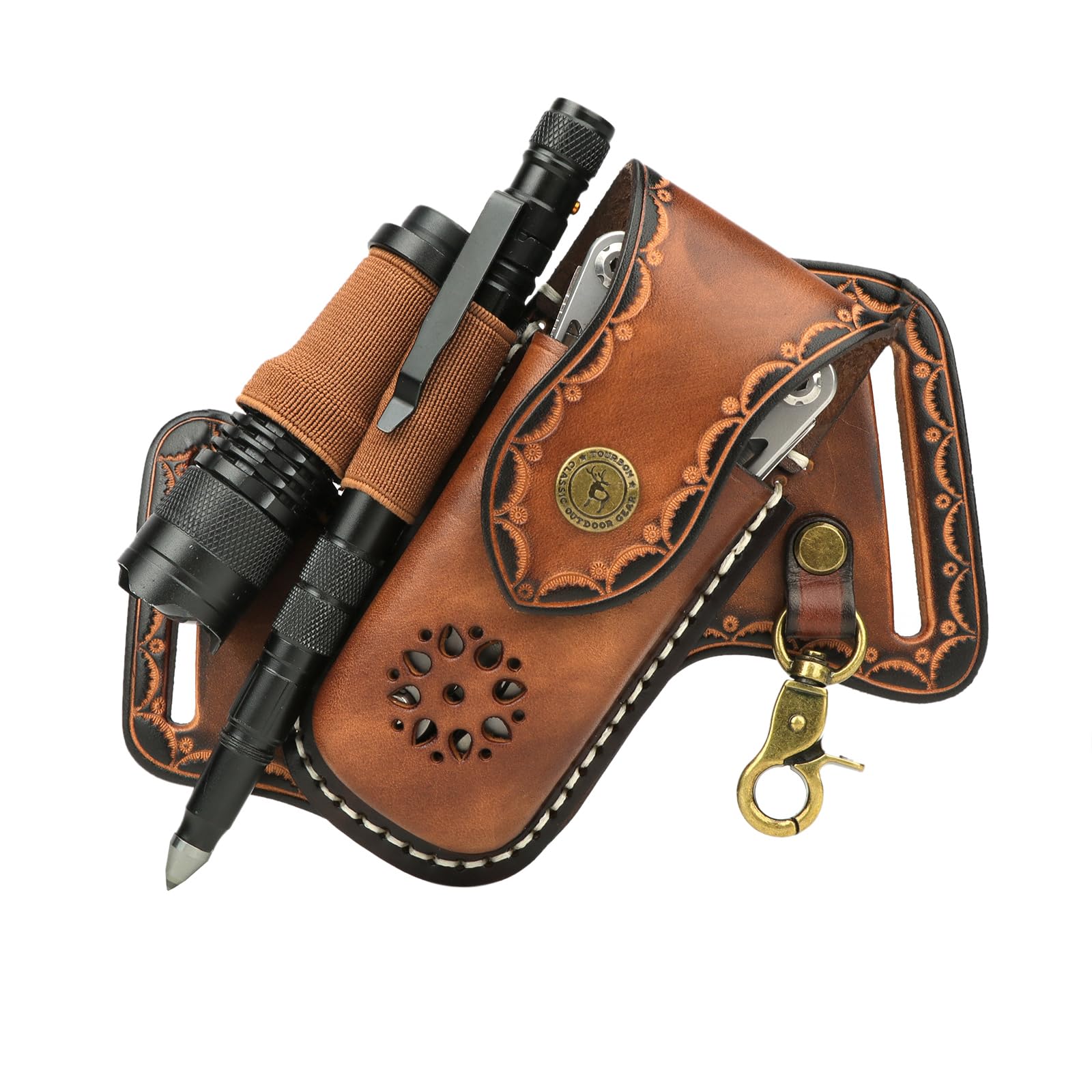 TOURBON マルチツールホルダー レザー ベルト着用 ツールポーチ 多機能ペンチ タクティカルペン 懐中電灯 収納