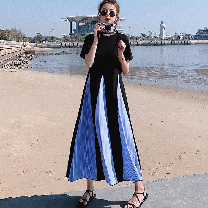 レディース Aライン 夏 切り替え 体型カバー ストライプ カジュアル ロング丈 Tシャツワンピ 袖あり ドレス 黒 ワンピース 50代 20代 い ロングワンピ ワンピ 半袖 おしゃれ ブラック