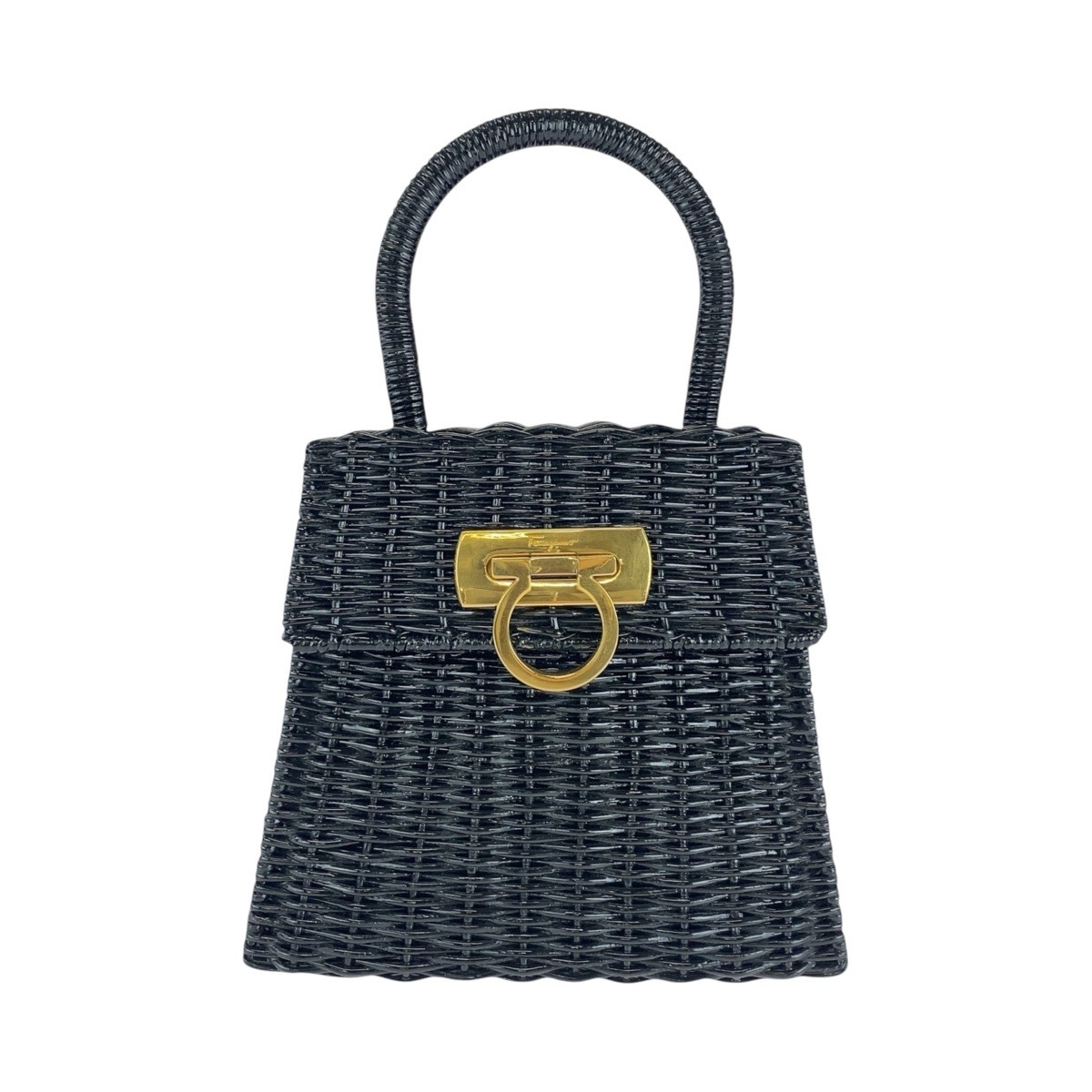 美品 ガンチーニ ブラック 黒 ゴールド金具 ラタン ハンドバッグ レディース 500478