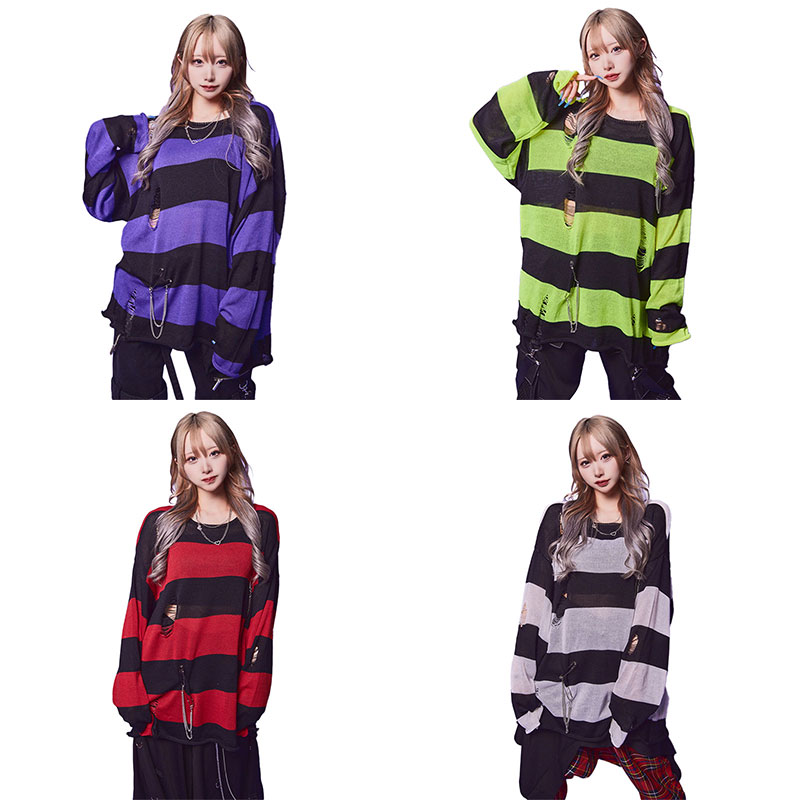 【MLサイズ/4カラー】チェーンチャーム使い ダメージボーダーニット 原宿 病みかわ メンズ レディース ユニセックス 714200