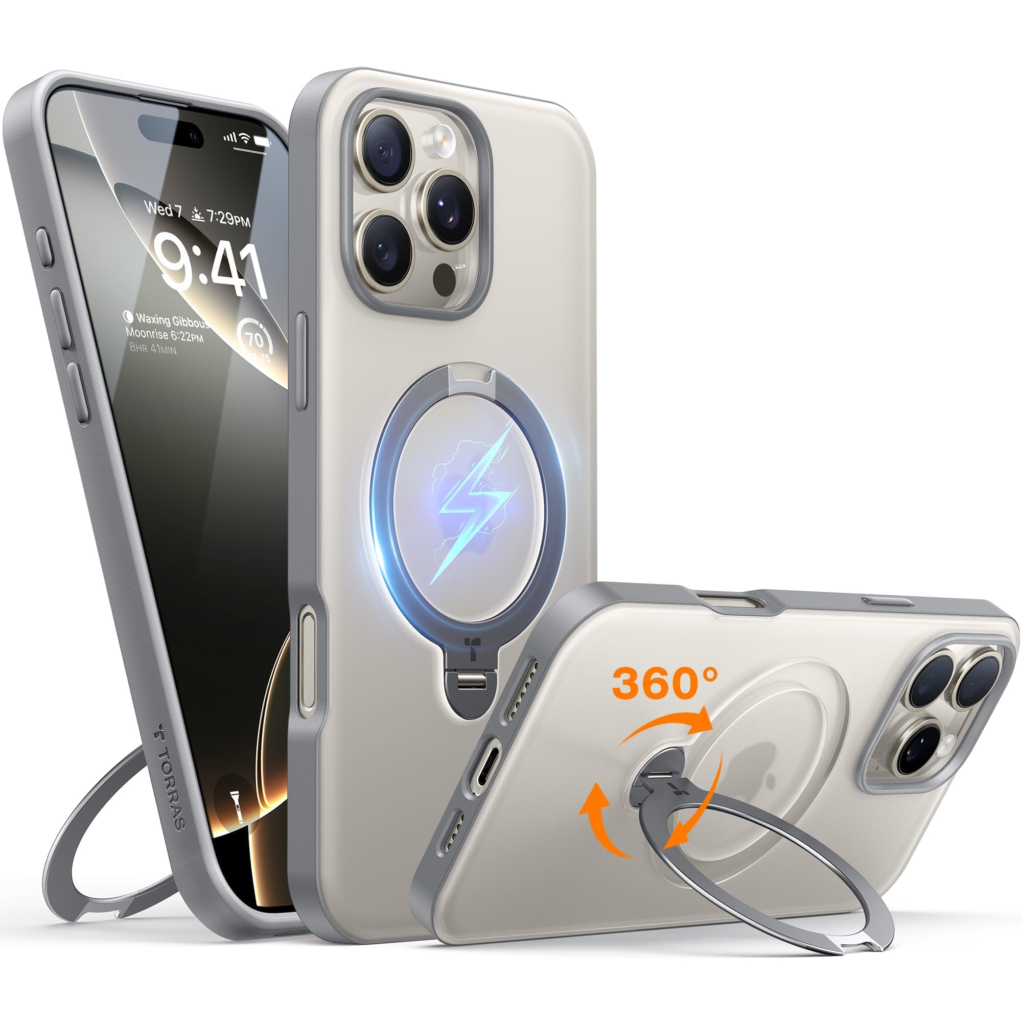 TORRAS iPhone 16 Pro 用 ケース【都会の大人カラー360 ゼンマイ式スタンド × 10 万回開閉耐久】 米軍規格 縦横両対応 リング付き マグネット搭載 ワイヤレス充電対応 耐