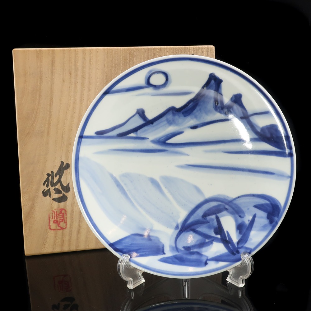 kyoyaki 京焼 【 人間国宝 近藤悠三 作 】 山染付皿 骨董品 陶磁器 _ 中古品 A-ランク