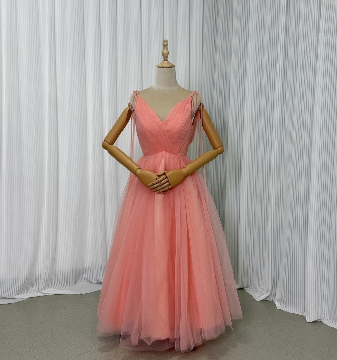 パーティードレス コーラルピンク Vネック キャミソール ロング 2次会/合コン
