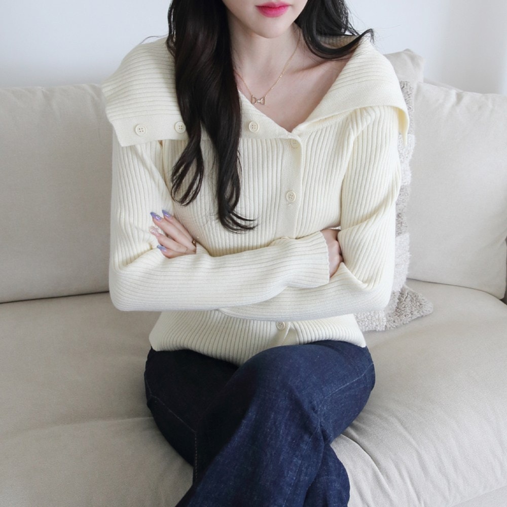 ジェニットレディースベーシックフィットセーラーカラーネックボタンオフショルダーラグランゴルジニットカーディガンモットゴルジボタン