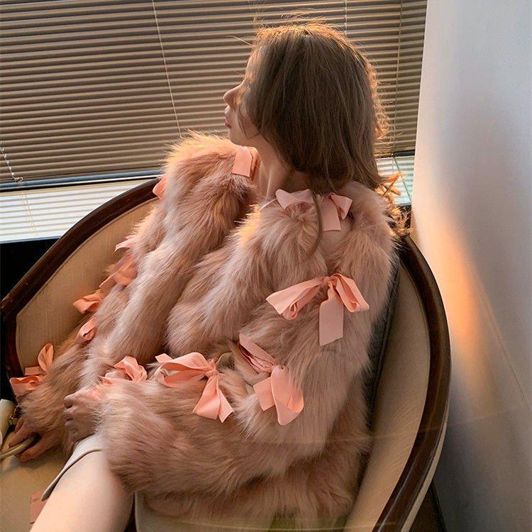 Hot!!!レディースファッション ファーコート 女性の弓 フェイクファー 若い短 セレブコート 肥厚したイン