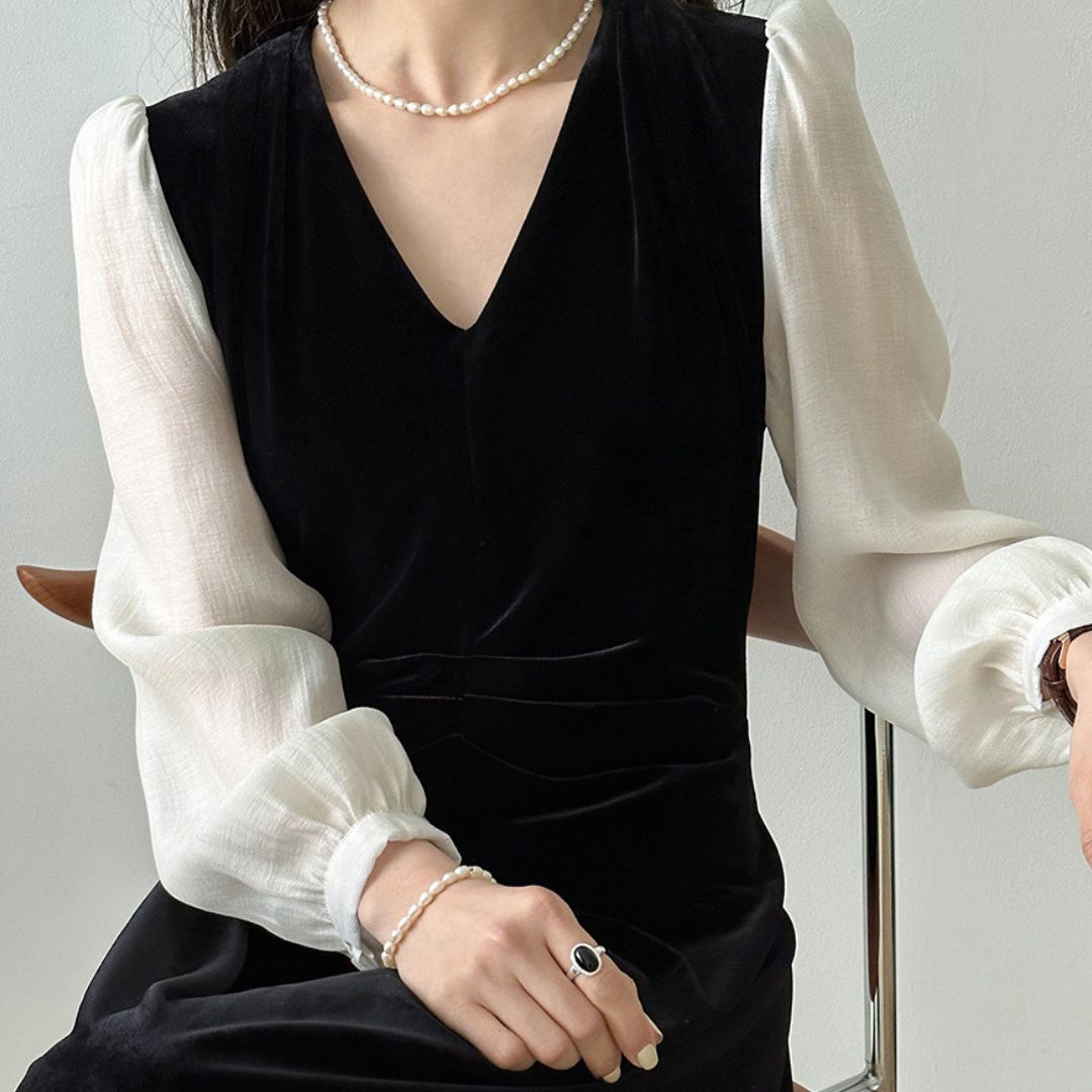 パーティードレス ベルベット シアースリーブ ワンピース きれいめ ドレス 長袖 Vネック パフスリーブ 韓国 レディース オルチャン ワンピドレス 黒 Iライン ブラック ストレート