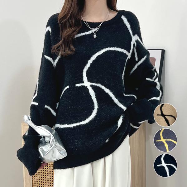 ニット 配色 ニュアンス柄 シャギーニット シャギー フェザー ライン コード ふわふわ 暖かい デザイン カジュアル / 配色ニュアンスニット