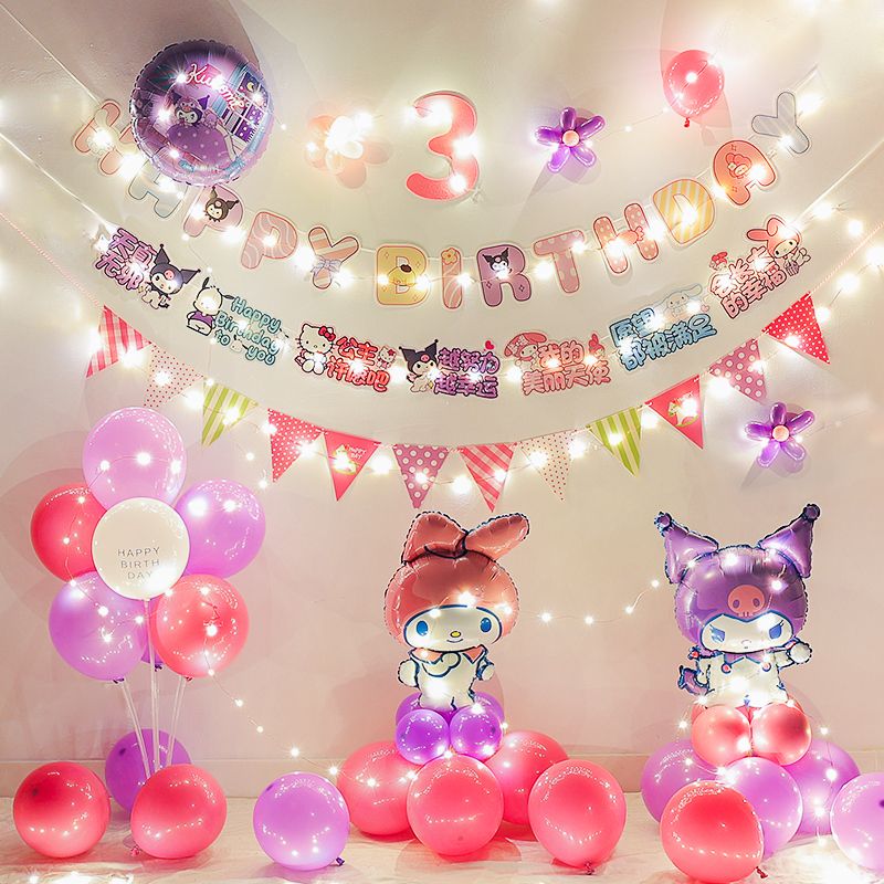サンリオ歳の誕生日に美楽ティ風船を配置する楽しいパーティーシーン装飾品テレビスクリーン
