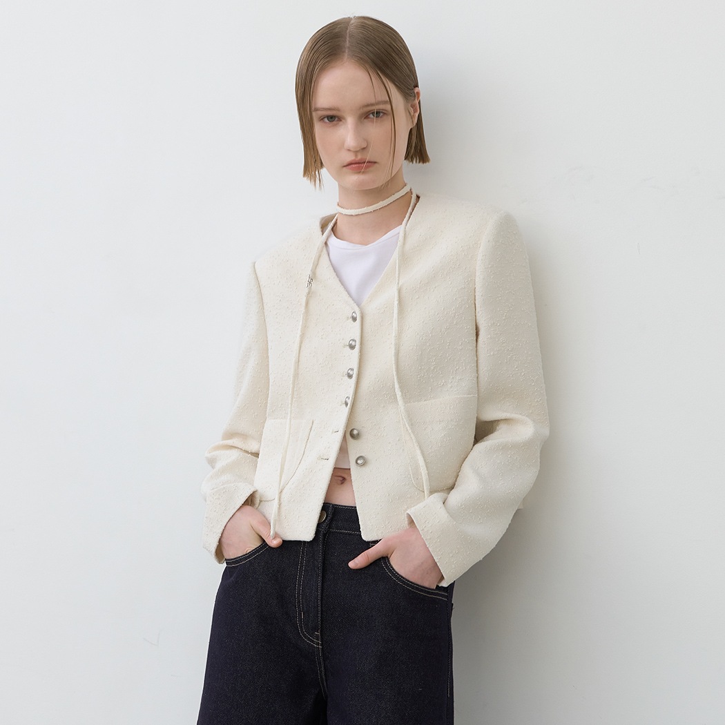 (JK-3005)TWEED STRING V-NECK CROP JACKET