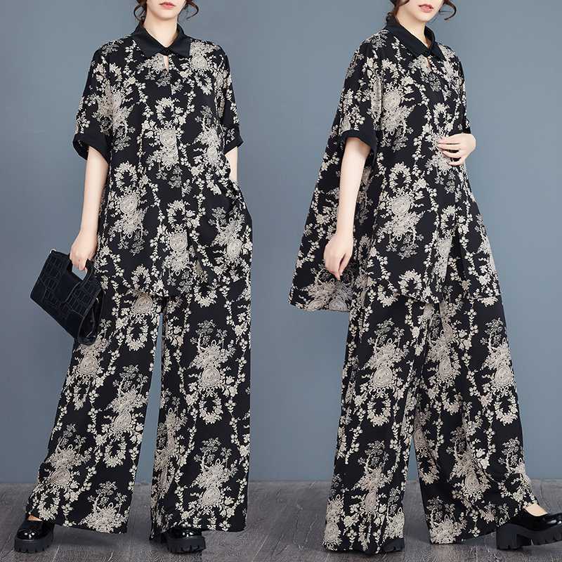 「ファットガール」 2024夏今週の割引は 25% オフです 上下セット 花柄 大きいサイズ 体型カバー レディース ワイドパンツ セットアップ メガ割