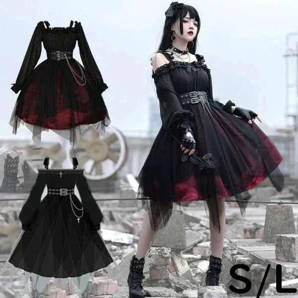 ロリータ ゴスロリ ワンピース Aライン Lolita オフショルダー レディース コスチューム クラロリ 衣装 かわいい フリル 仮装 パーティ イベント 可愛い ブラック 黒