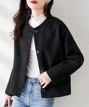 秋冬新品 女性 コート 人気上昇 無地 ショート ボタン アウター [ブラック]