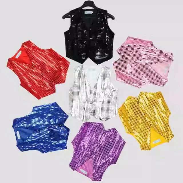 キッズダンス衣装スパンコールベストジレ大きいサイズトップスチョッキヒップホップジャズ子供服キラキラ練習服新体操女の子男の子保育園幼稚園小学校発表会ステージ衣装HIPHOP社交ダンスラテン衣装音楽会ブラ