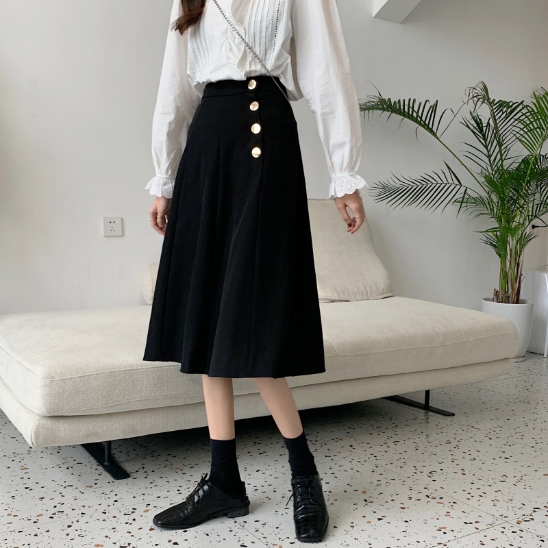 スカート フレアスカート 膝丈 ひざ丈 膝下 ミディアム丈 セミフレア Aライン ハイウエスト 前ボタン レトロ 個性的 M L XL 2XL 3XL 4XL ブラック こなれ感 エレガント