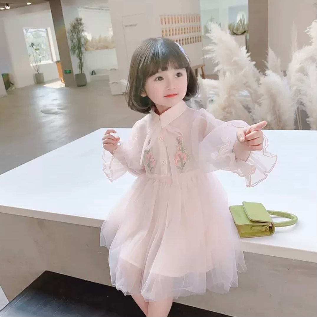 2色 子供服 90130 シースルー チュールドレス 長袖 フリル レース 花柄 刺繍 リーフ 送料無料 フレアスカート チュールスカート 子供 キッズコーデ キッズファッション キッズドレス キッ 5,343円