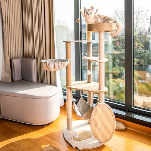 bumxca キャットタワー 猫タワー 木製 5階建て 145CM 突っ張り キャットタワー 多頭飼い 木製キャットタワー キャットツリー キャットハウス 木登り 猫の家 猫タワー宇宙船 見晴台 爪と