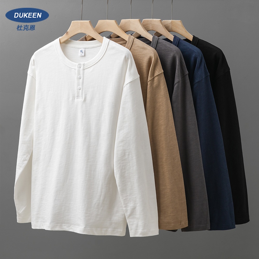 320g ヘビーコットン ヘンリーネック Tシャツ メンズ 長袖 春秋 セーター 3本針 無地 裾シャツ トレンド