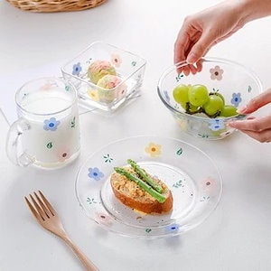Ins人気食器 茶碗 花柄 ガラス製 家庭用 可愛い お皿 コップ グラス 韓国 インテリア