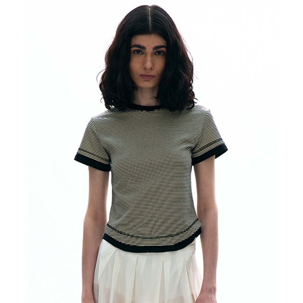 PARTIMENTO WOMENストライプダブルレイヤードショートスリーブティー_ブラック
