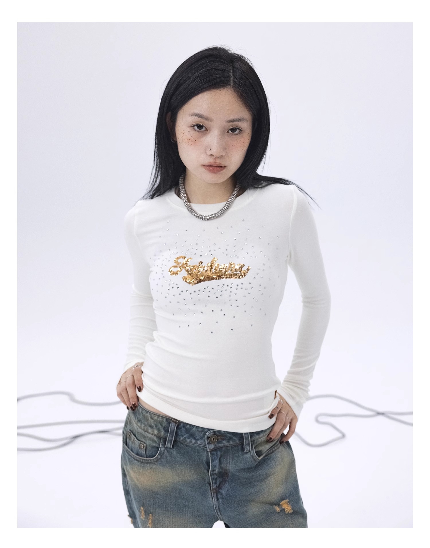 長袖 ホット ダイヤモンド トップ レディース スリム ラウンドネック Tシャツ 個性的 トップス Tシャツ 袖あり 長袖 襟なし かわいい シンプル カジュアル おしゃれ お洒落 エスニック